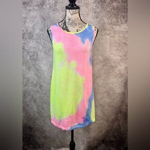 Vicabo Colorful Bright Yellow, Pink, & Blue Tie-Dye Long Tank Top size M